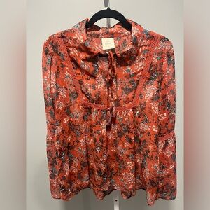 Knox Rose Rust Red Organge Floral Lace Trim Blouse Boho Semi-Sheer Size Medium